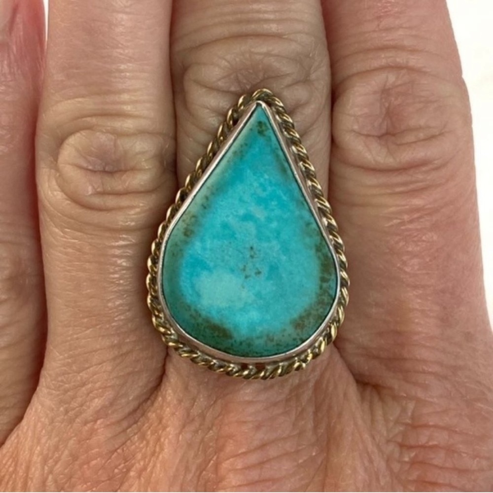 Sterling Silver 925 1.29” Large Teardrop Turquoise Brass Accent Ring Sz 7.25